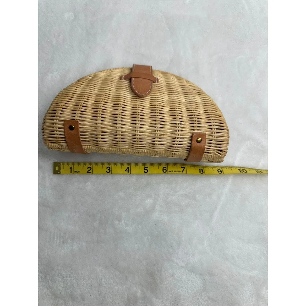 J.Crew Clutch Women OS Tan Woven Fan Rattan Leather Trim Half Moon